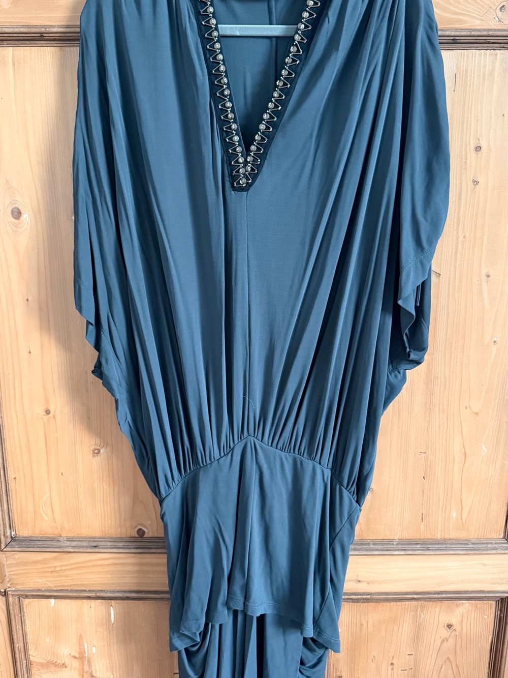 Zara Gray Batwing Embellished V‑Neck Asymmetrical Dress